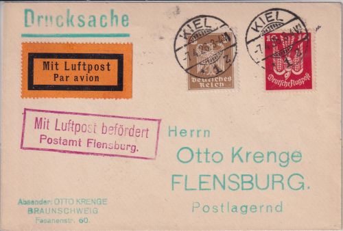 DR - 10 Pfg. Holztaube u.a. Luftpost-Drucksache/Erstflug Kiel - Flensburg 7.4.26