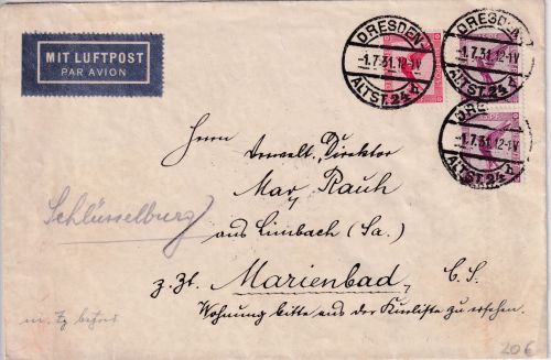 DR - 2x15+10 Pfg. Adler/Sockel Luftpostbrief n. TSCHECHIEN Dresden 1931