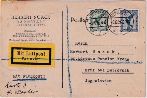 DR - 5+20 Pfg. Adler/Sockel Luftpostkarte n. JUGOSLAWIEN Darmstadt Gruz 5.10.26