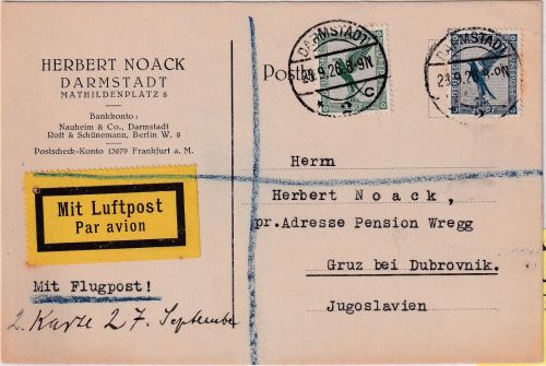 DR - 5+20 Pfg. Adler/Sockel Luftpostkarte n. JUGOSLAWIEN Darmstadt Gruz 28.9.26
