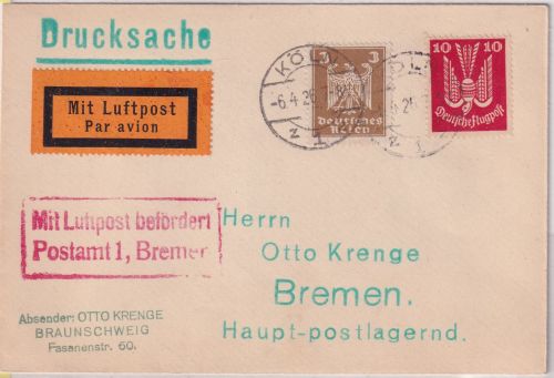 DR - 10 Pfg. Holztaube u.a. Luftpost-Drucksache/Erstflug Köln - Bremen 6.4.26
