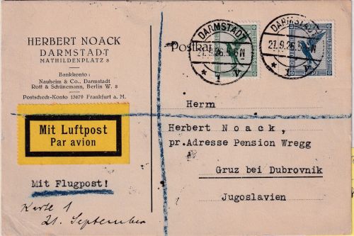 DR - 5+20 Pfg. Adler/Sockel Luftpostkarte n. JUGOSLAWIEN Darmstadt Gruz 21.9.26