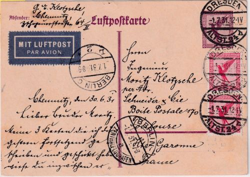 DR - 15 Pfg. Adler/Sockel Ganzsache+Zusatz Lupokarte n. FRANKREICH Dresden 1931