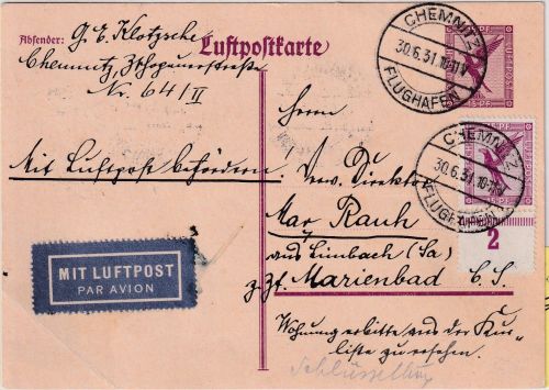 DR - 15 Pfg Adler/Sockel Ganzsache+Zusatz Lupokarte n. TSCHECHIEN Chemnitz 1931
