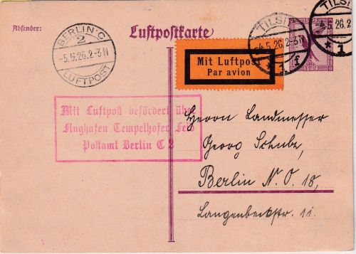 DR - 15 Pfg. Adler/Sockel Ganzsache Luftpostkarte Tilsit - Berlin 4.5.26