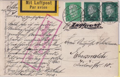 DR - 2x8+5 Pfg. Hindenburg/Ebert Luftpostkarte Sellin - Eberswalde 1930