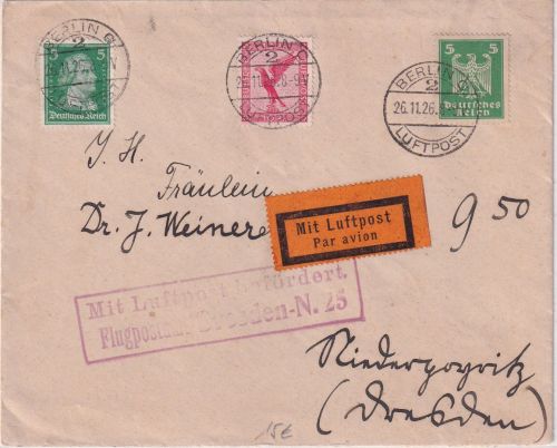 DR - 10 Pfg. Adler/Sockel u.a. Luftpostbrief Berlin - Niederpoyritz 1926