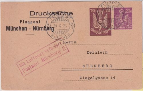 DR-Infla - 25 M. Holztaube u.a. Privatganzsache/Luftpostkarte München 30.6.23