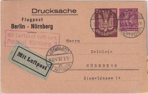 DR-Infla - 25 M. Holztaube u.a. Privatganzsache/Luftpostkarte Berlin 30.6.23