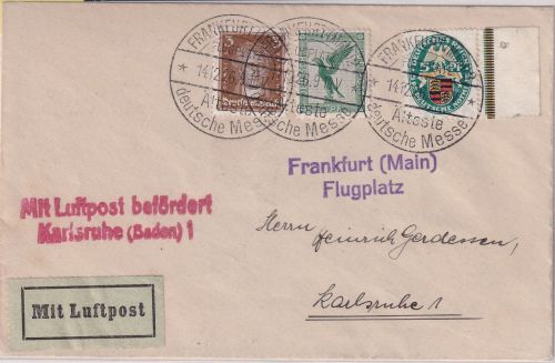 DR - 5 Pfg. Adler/Sockel u.a. Luftpostbrief Frankfurt a/M. - karlsruhe 1926