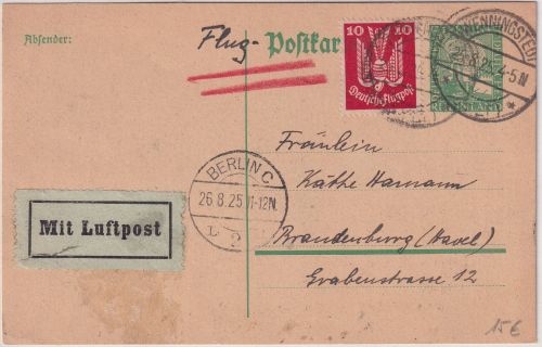 DR - 5 Pfg. Rheinland Ganzsache+Zusatz/Flugpostkarte Wenningstedt 1925