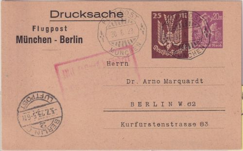 DR-Infla - 25 M. Holztaube u.a. Privatganzsache/Luftpostkarte München 30.6.23