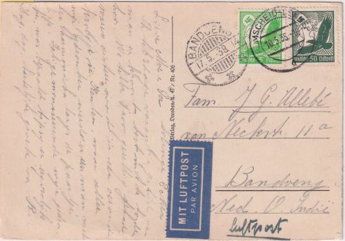 DR - 50+5 Pfg. Adler/Weltkugel Luftpostkarte n. NIEDERL. INDIEN Remscheid 1938
