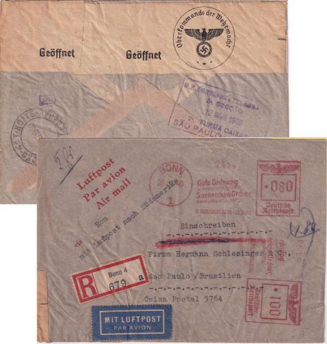 DR - Bonn 1940 100+80 Pfg. AFS Luftpost-Einschreibebrief n. BRASILIEN