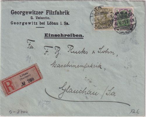 DR - 1 M.+60 Pfg. Germania Einschreibebrief Löbau - Glauchau 1921