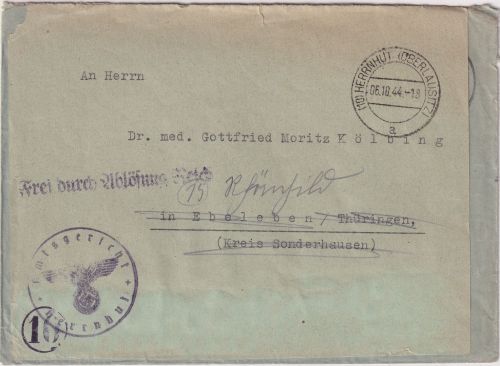 DR - (10) Herrnhut (Oberlausitz) 6.10.44 Frei d. Ablösung/Dienstbrief n Ebeleben