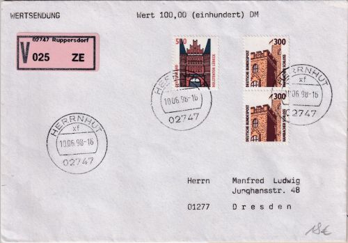 BRD - 510+2x300 Pfg SWK Wertbrief (Label !) Herrnhut/Ruppersdorf Dresden 10.6.98