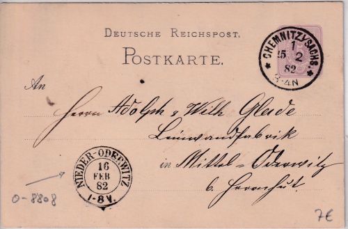 DR - Nieder-Oderwitz 16. FEB 82 nachv. sächs. K2 Ank.stpl. Ganzsache v. Chemnitz