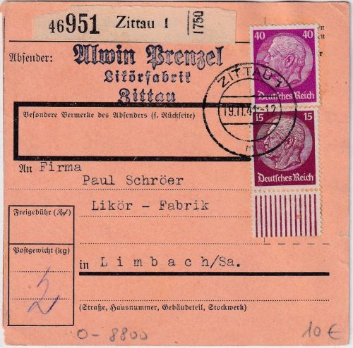 DR - 40+15 Pfg. Hindenburg Paketkarte Zittau - Limbach 1941