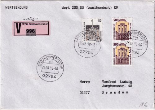 BRD - 2x500+110 Pfg. SWK Wertbrief (Label !) Spitzkunnersdorf - Dresden 25.5.98