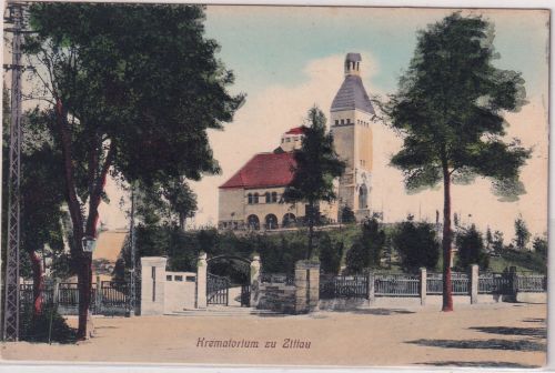 Sachsen - Zittau Krematorium farb. Ansichtskarte ungelaufen Druckdat. 1911