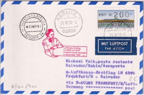 BRD - 200 Pfg. ATM Luftpostkarte LH-1st-Flug n. SALVADOR Görlitz 1993