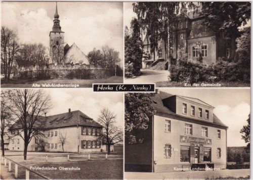 Sachsen - Horka (Kr. Niesky) Kirche Schule Konsum etc. sw-Mehrbild-AK 1978