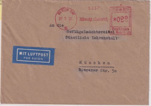 DR - Berlin SW11 1937 22 Pfg. AFS "Albrecht&Heinrich" Luftpostbrief n. München