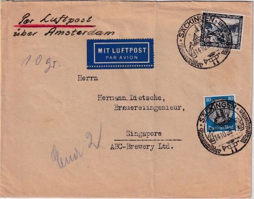 DR - 80 Pfg. Hindenburg u.a. Luftpostbrief n. SINGAPORE Säckingen 14.10.36