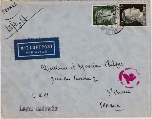 DR - 30+5 Pfg AH Luftpostbrief/Zwangsarbeiter n. FRANKREICH Gräfenhainichen 1943