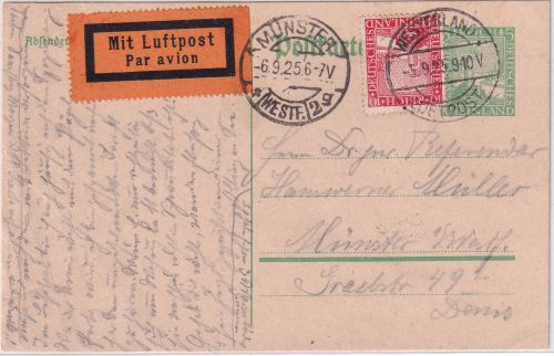 DR - 5 Pfg. Rheinland Ganzsache + Zusatz Luftpostkarte Westerland - Münster 1925