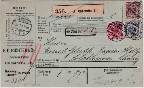 DR - 50+20+10 Pfg. K/A Paketkarte i.d. SCHWEIZ Chemnitz - Solothurn 1898
