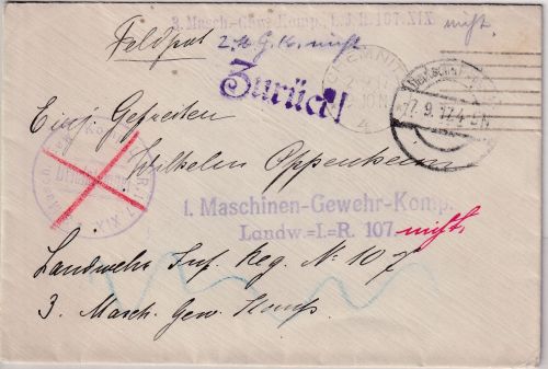 DR - Chemnitz 4 1917 Feldpostbrief an Landwehr-IR 107 - Retourvermerk Judaika