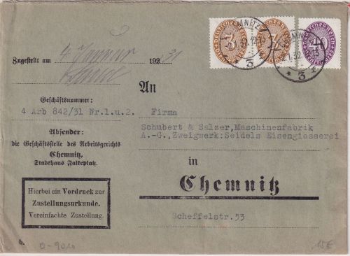 DR - 40+2x3 Pfg. Strohhut Ortszustellurkunde Chemnitz 3 2.1.32