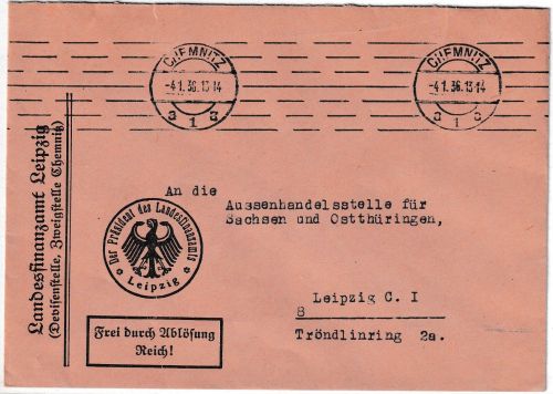 DR - Chemnitz 1936 Frei d. Ablösung/Landesfinanzamt Dienstbrief n. Leipzig