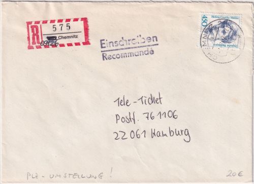 BRD - 450 Pfg. Frauen Einschreibebrief Chemnitz (R-Zettel !) n. Hamburg 1993