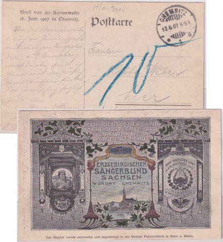 Sachsen - Chemnitz Erzgeb. Sängerbund Bannerweihe 1907 farb. AK gelaufen 1907