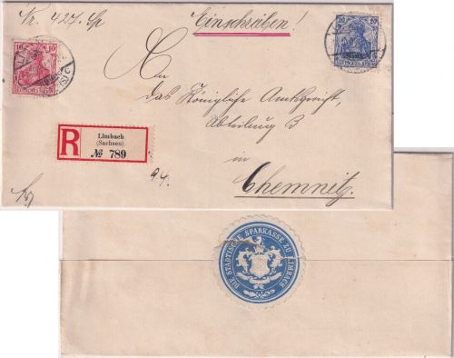 DR - 10+20 Pfg. Germania Einschreibebrief Limbach (Sachsen) - Chemnitz 1909