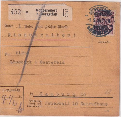 DR - 100 Pfg. Korbdeckel Paketkarte Göppersdorf b. Burgstädt - Hamburg 1924