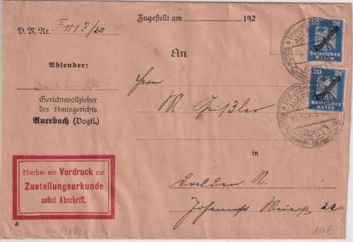 DR - 2x20 Pfg. Adler/Dienst Zustellurkunde Auerbach - Dresden 1926