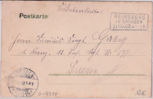 DR - Reinsberg in Sachsen 11/10 02 Ra3 portofreie Soldatenkarte n. Dresden
