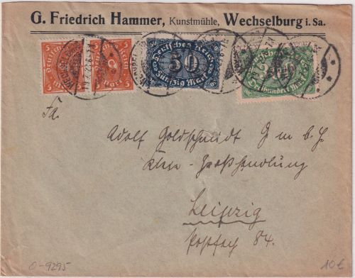 DR-Infla - 300 M. Queroval u.a. Firmenbrief Wechselburg i.Sa. - Leipzig 19.7.23
