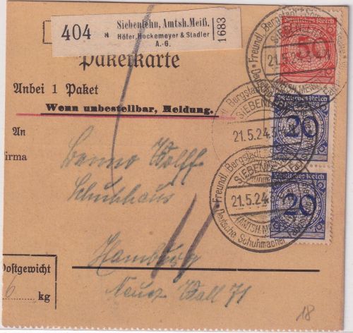 DR - 50+2x20 Pfg. Korbdeckel Paketkarte (Selbstbucher) Siebenlehn - Hamburg 1924