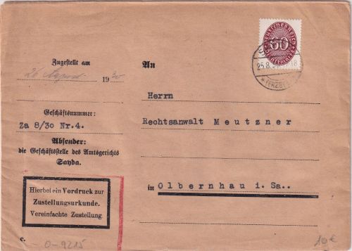 DR - 60 Pfg. Strohhut Dienstzustellurkunde Sayda - Olbernhau 1930