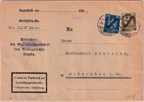 DR - 40+20 Pfg. Adler/Dienst Zustellurkunde Sayda - Olbernhau 1928