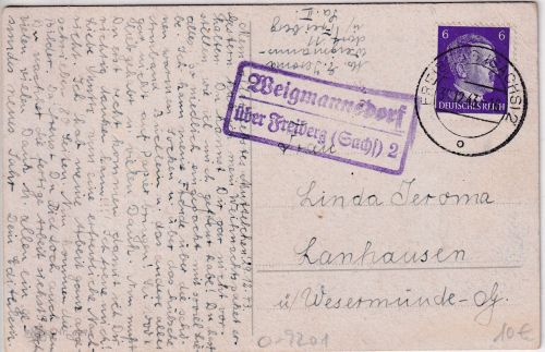 DR - Weigmannsdorf ü. Freiberg (Sachs.) Landpost-Ra2 Karte n. Lanhausen 1943