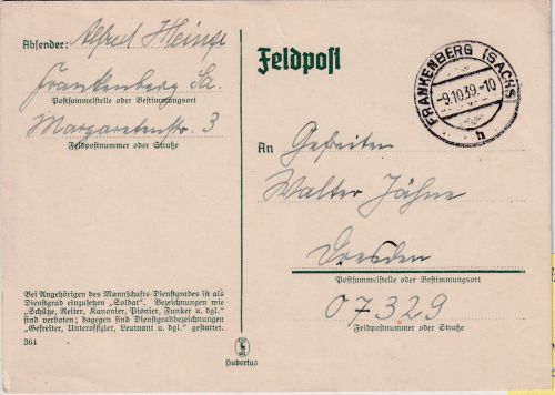 DR - Frankenberg (Sachs.) 9.10.39 Feldpostkarte an Fp.Nr. 07329