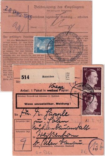 DR - 2x60+20 Pfg. AH Paketkarte Hainichen - Weißenhorn 12.2.45/20.3.45 !!