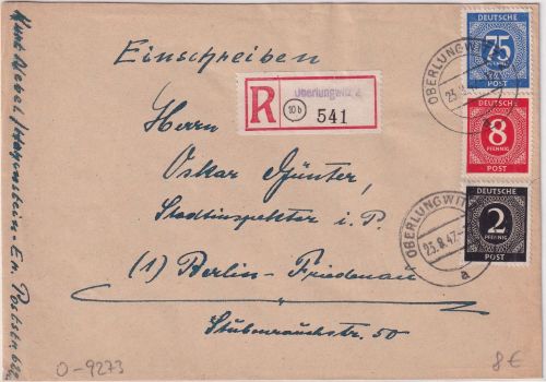 All.Bes. - 75+8+2 Pfg. Ziffer Einschreibebrief Oberlungswitz - Berlin 23.8.47