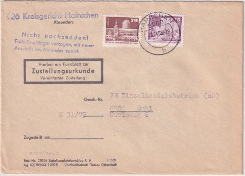 DDR - 70+15 Pfg. Aufbau Zustellurkunde Hainichen - Suhl 1985